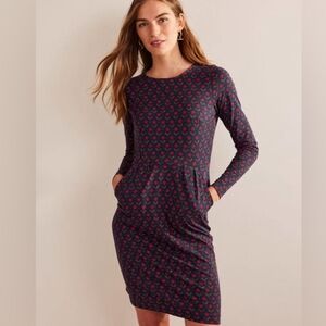 Boden Penelope Navy Blue Red Floral Print Cotton Jersey Knit Dress Long Sleeve 6